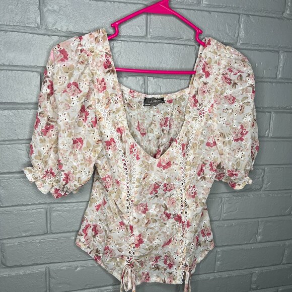 Lulumari Floral Eyelet Corset Style Puff Sleeve Chiffon Semi Sheer Blouse Med - Picture 5 of 12
